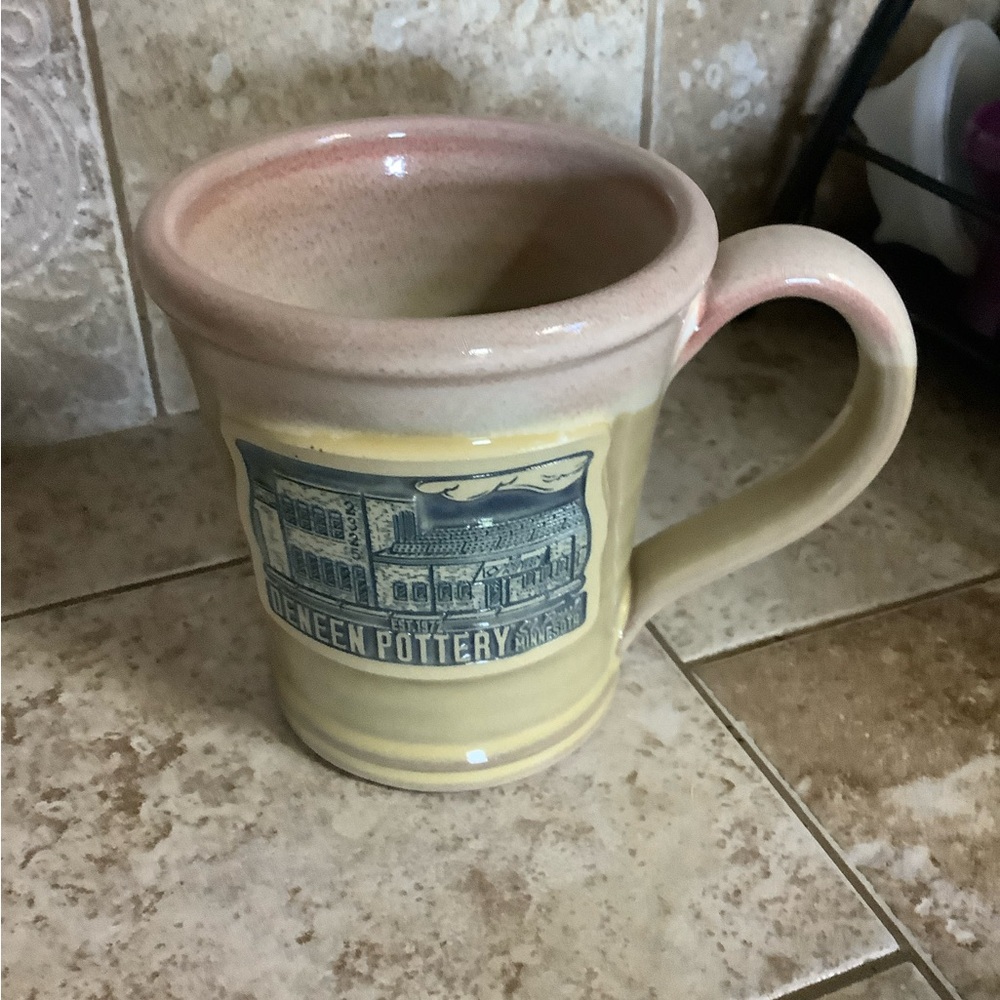 Deneen Pottery Lt. Dijon with Burgundy/white Building Logo Mug
